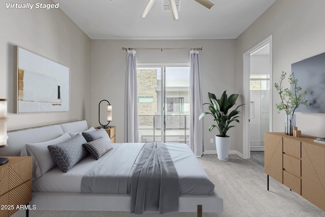 bedroom featuring ceiling fan, ensuite bathroom, and light carpet