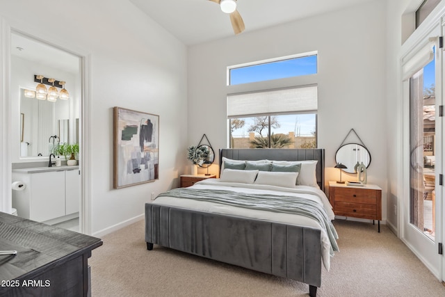 carpeted bedroom featuring ceiling fan