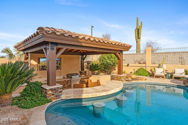 view of pool with exterior kitchen and grilling area