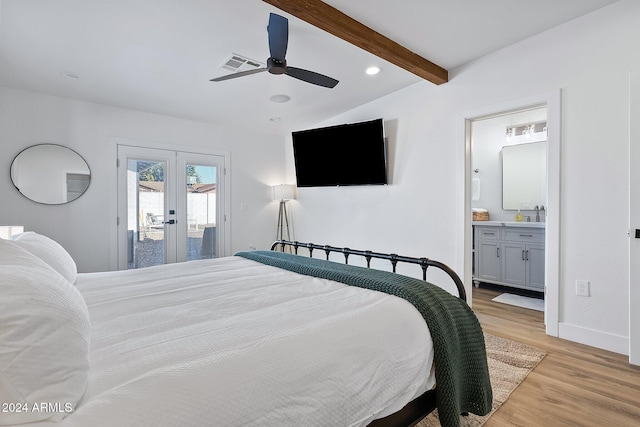 bedroom with connected bathroom, ceiling fan, french doors, light hardwood / wood-style flooring, and access to outside