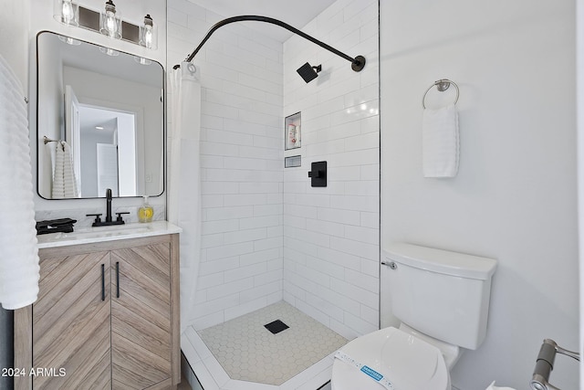 bathroom with curtained shower, vanity, and toilet