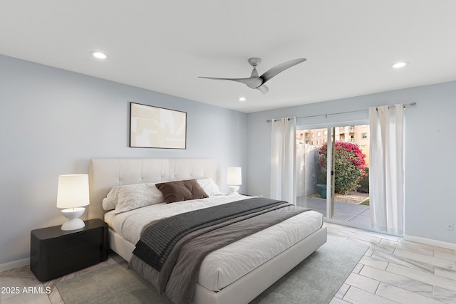 bedroom featuring access to exterior, recessed lighting, ceiling fan, and baseboards