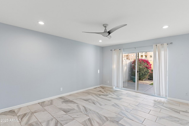 empty room with ceiling fan, recessed lighting, and baseboards