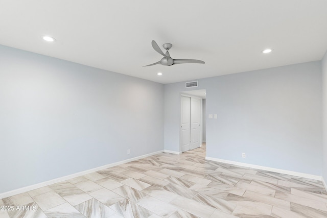 unfurnished room with baseboards, recessed lighting, visible vents, and a ceiling fan