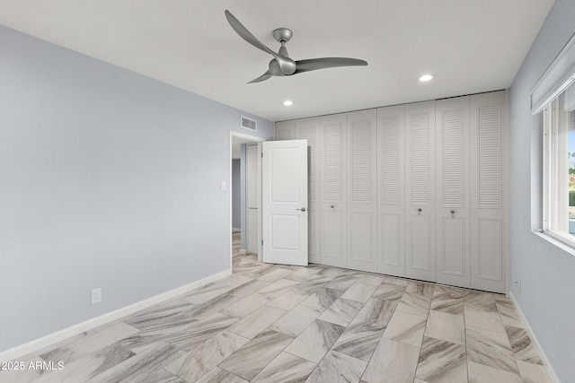 unfurnished bedroom featuring a ceiling fan, recessed lighting, visible vents, and baseboards