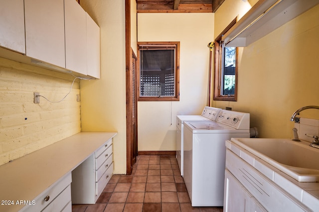 15 Wood Cyn, Bisbee, AZ 85603 - washroom featuring tile patterned floors, washing machine and dryer, sink, and cabinets