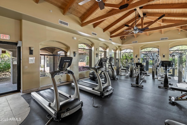 5751 N Kolb Rd Unit 7102, Tucson, AZ 85750 - gym featuring wood ceiling, high vaulted ceiling, a ceiling fan, and visible vents