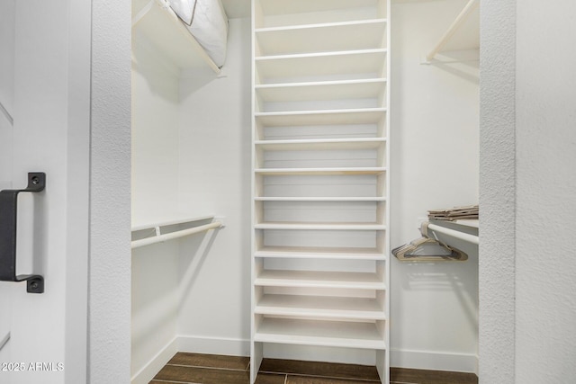 walk in closet featuring dark wood-type flooring