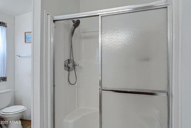 bathroom with a shower stall and toilet