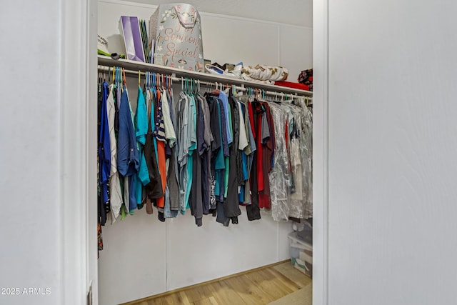 walk in closet with wood finished floors