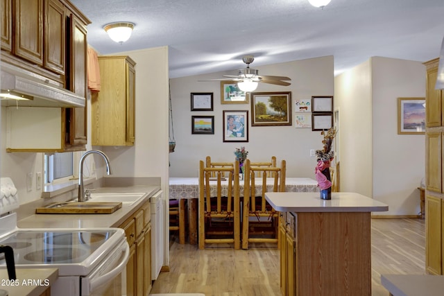 kitchen featuring white appliances, light countertops, a sink, and light wood finished floors