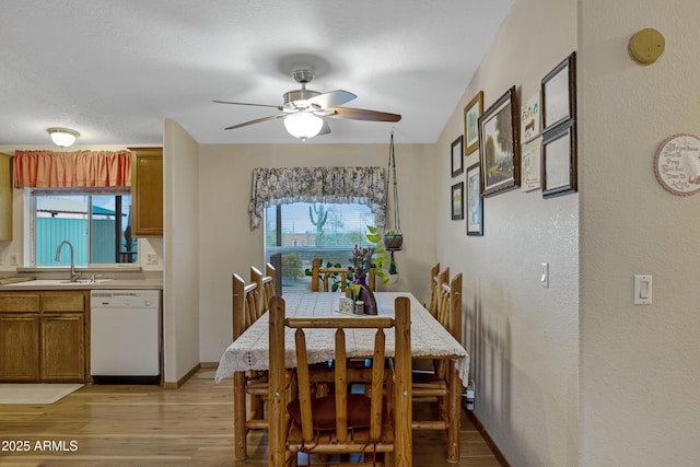 dining space featuring a ceiling fan, a wealth of natural light, light wood-style flooring, and baseboards