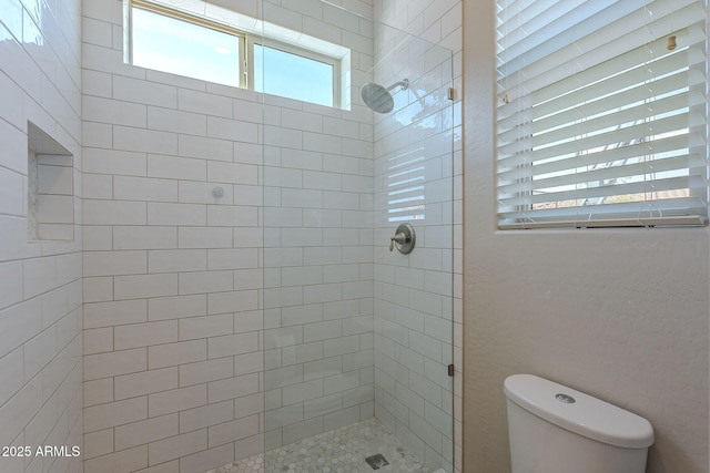 bathroom with a shower stall and toilet