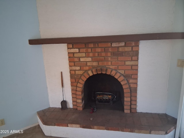 interior details featuring a wood stove