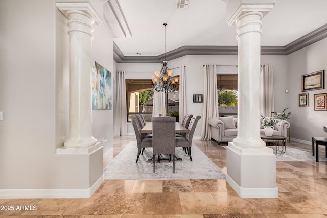 dining space with decorative columns, visible vents, an inviting chandelier, ornamental molding, and baseboards