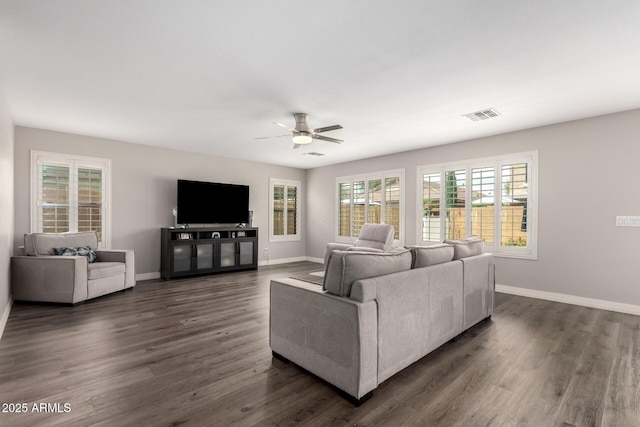 4142 E Sandy Way, Gilbert, AZ 85297 - living room with a ceiling fan, dark wood finished floors, and baseboards