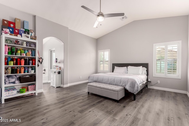 4142 E Sandy Way, Gilbert, AZ 85297 - bedroom with arched walkways, lofted ceiling, wood finished floors, baseboards, and ensuite bath