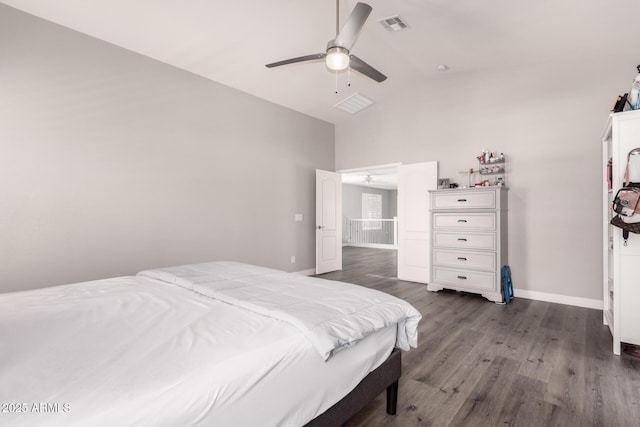 4142 E Sandy Way, Gilbert, AZ 85297 - bedroom featuring dark wood-style flooring, baseboards, ceiling fan, and high vaulted ceiling