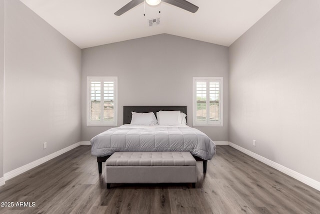 4142 E Sandy Way, Gilbert, AZ 85297 - bedroom featuring multiple windows, wood finished floors, baseboards, and lofted ceiling