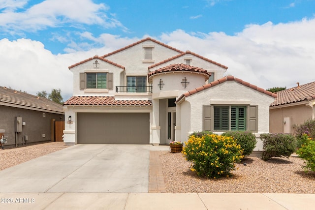 4142 E Sandy Way, Gilbert, AZ 85297 - mediterranean / spanish house with a tiled roof, stucco siding, driveway, a garage, and a balcony