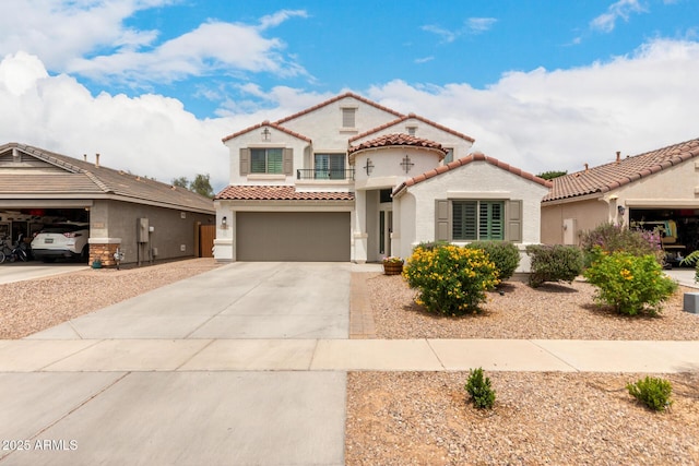 4142 E Sandy Way, Gilbert, AZ 85297 - mediterranean / spanish house with stucco siding, a tiled roof, concrete driveway, and an attached garage