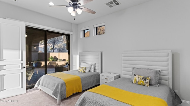 carpeted bedroom with access to outside and ceiling fan