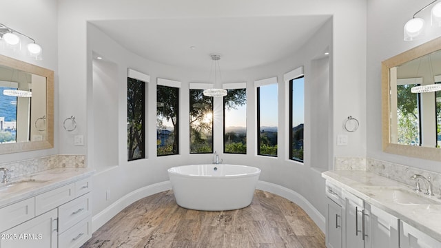 bathroom featuring a washtub, hardwood / wood-style floors, and vanity