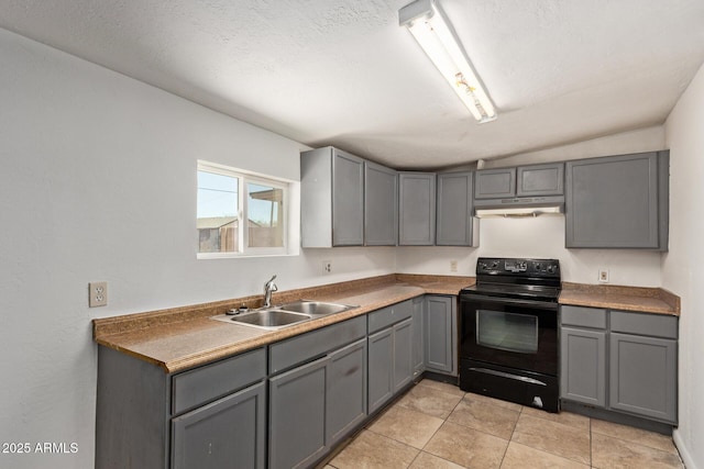 2562 E Wier Ave, Phoenix, AZ 85040 - kitchen featuring electric range, a sink, gray cabinetry, and under cabinet range hood