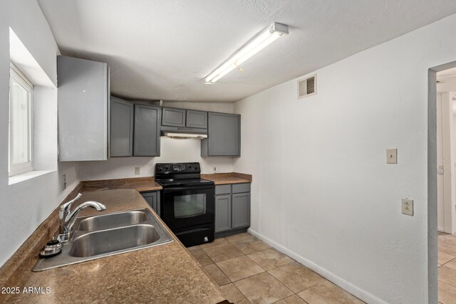 2562 E Wier Ave, Phoenix, AZ 85040 - kitchen with black range with electric cooktop, a sink, under cabinet range hood, and gray cabinetry