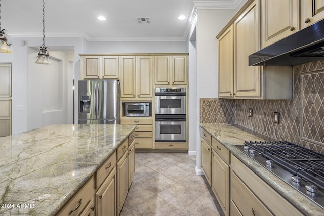 kitchen with light stone counters, crown molding, appliances with stainless steel finishes, pendant lighting, and backsplash