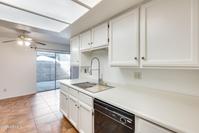 kitchen with ceiling fan, sink, dishwasher, white cabinetry, and light tile patterned flooring