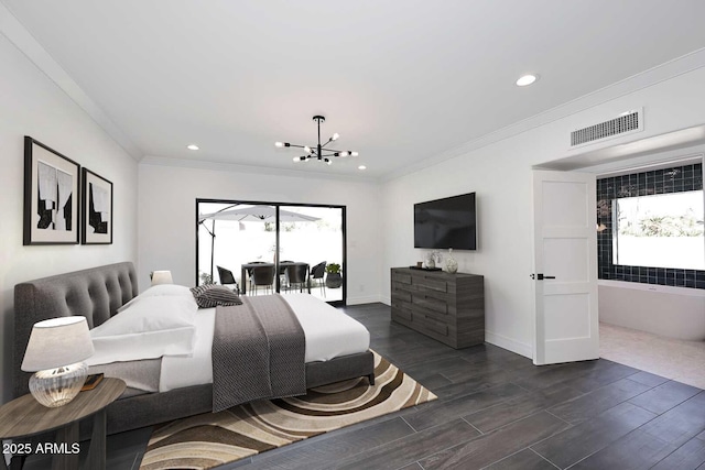 bedroom with multiple windows, ornamental molding, access to outside, and an inviting chandelier