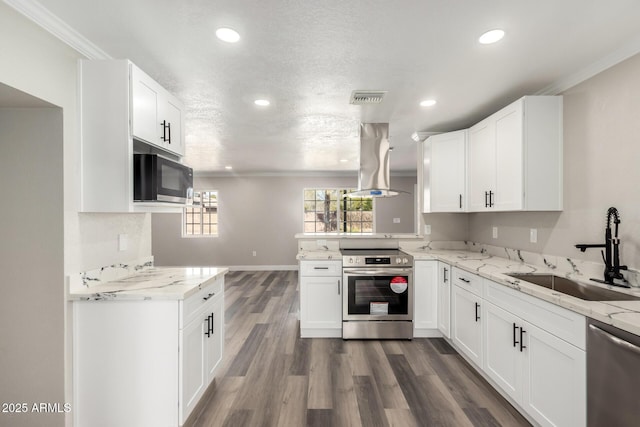 3249 E Nisbet Rd, Phoenix, AZ 85032 - kitchen featuring visible vents, appliances with stainless steel finishes, a peninsula, island range hood, and a sink