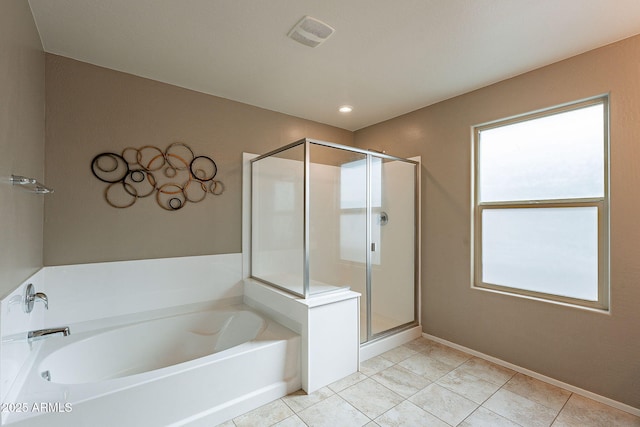 full bathroom with a bath, visible vents, tile patterned floors, and a stall shower