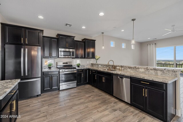 kitchen featuring light hardwood / wood-style floors, sink, stainless steel appliances, decorative light fixtures, and ceiling fan