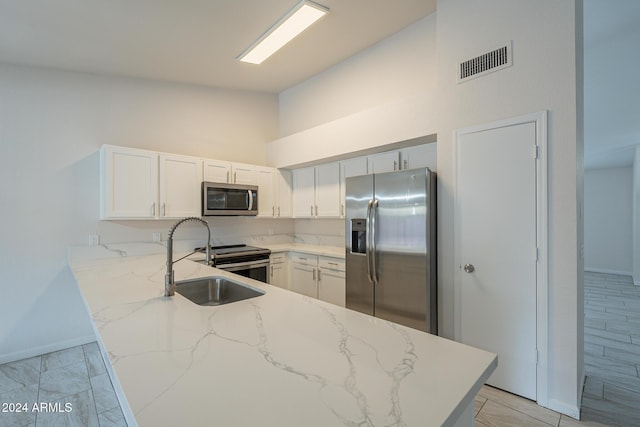 kitchen with stainless steel appliances, sink, white cabinets, and kitchen peninsula