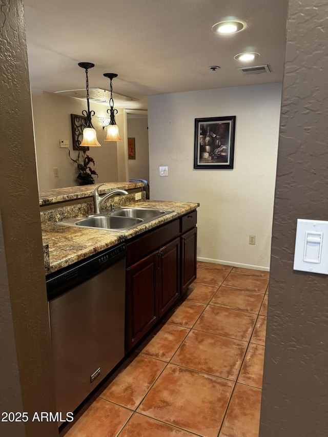 12123 W Bell Rd Unit 337, Surprise, AZ 85378 - kitchen featuring dishwasher, a sink, light tile patterned flooring, pendant lighting, and recessed lighting
