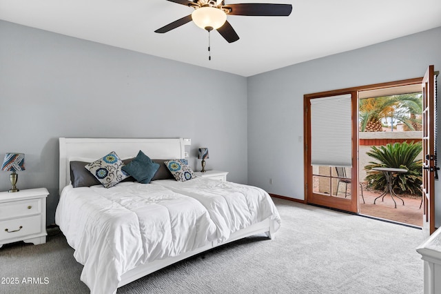 carpeted bedroom with access to outside, baseboards, and ceiling fan