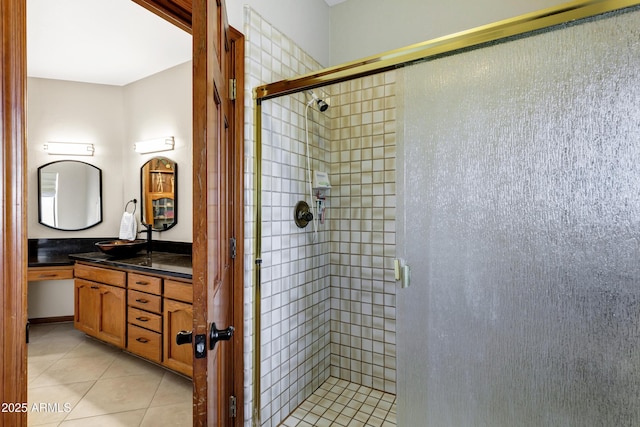 full bath with vanity, tile patterned floors, and a stall shower