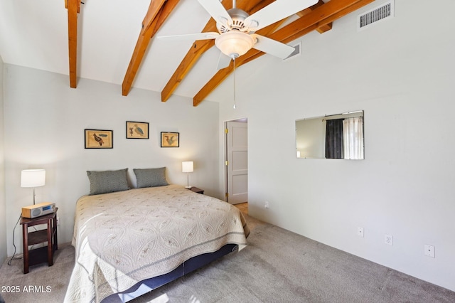 bedroom featuring carpet, beam ceiling, visible vents, ceiling fan, and high vaulted ceiling