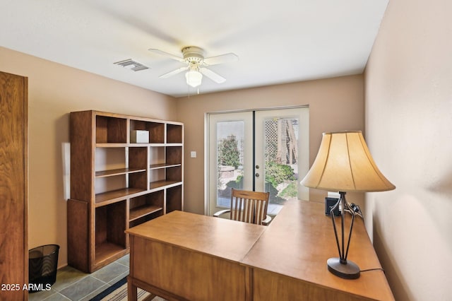 home office with visible vents, a ceiling fan, and french doors