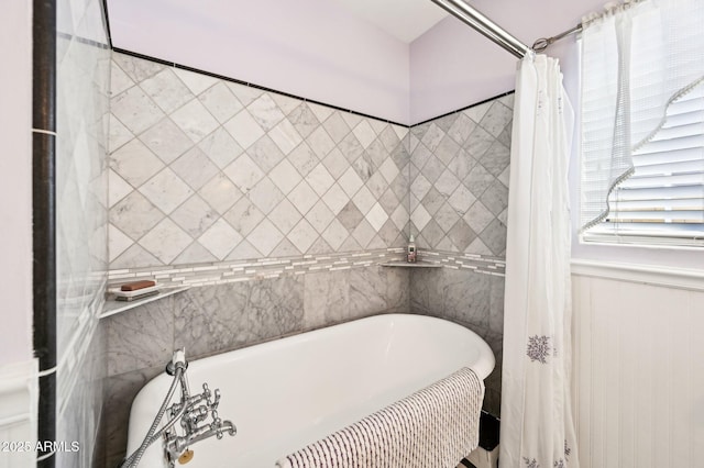 full bath featuring wainscoting and a freestanding tub