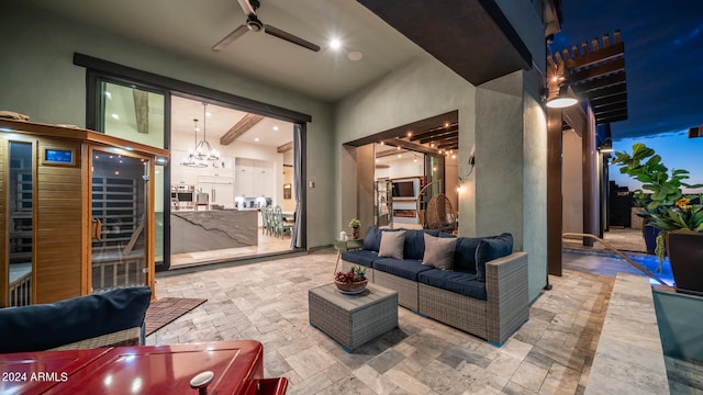 interior space featuring ceiling fan