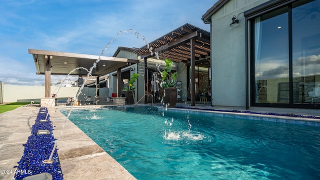 view of pool featuring a pergola and pool water feature