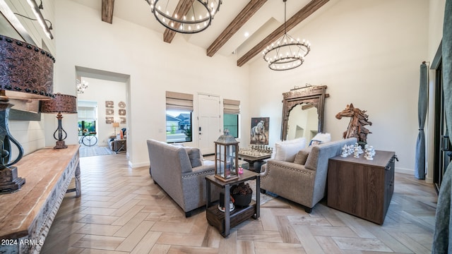 living room with light parquet floors, beam ceiling, a towering ceiling, and an inviting chandelier