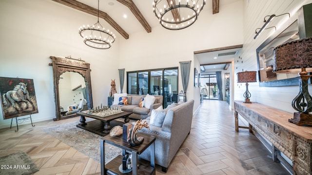 living room with parquet flooring, high vaulted ceiling, beamed ceiling, and a chandelier