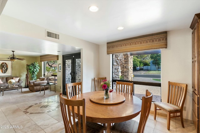 dining space featuring a ceiling fan, light tile patterned flooring, visible vents, and recessed lighting