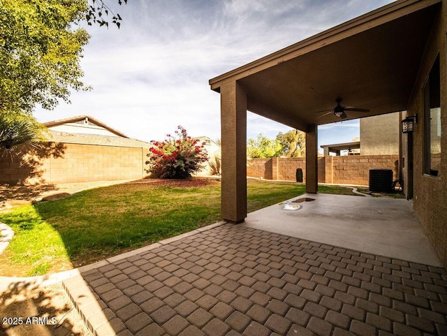 view of patio / terrace with ceiling fan and central air condition unit