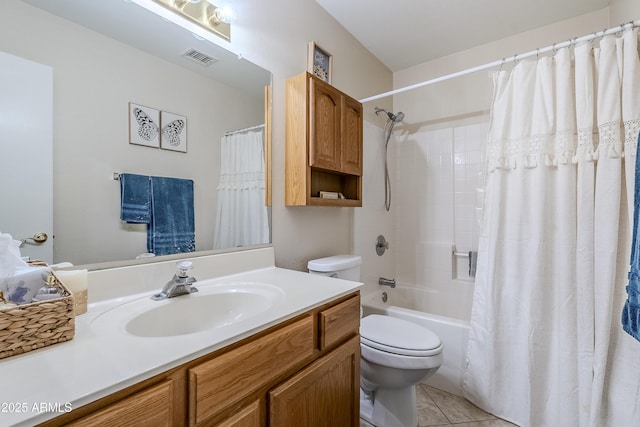 full bathroom with tile patterned flooring, vanity, shower / bath combination with curtain, and toilet