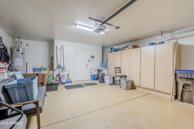 garage featuring a garage door opener and gas water heater